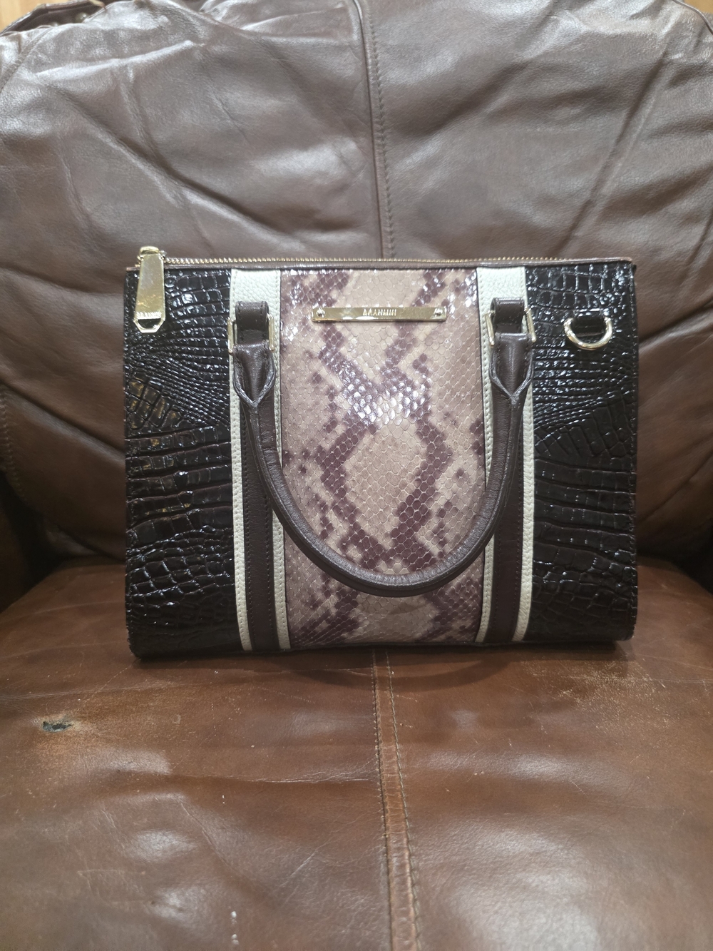 Brahmin Brown, Cream & Taupe Snake-Print Satchel